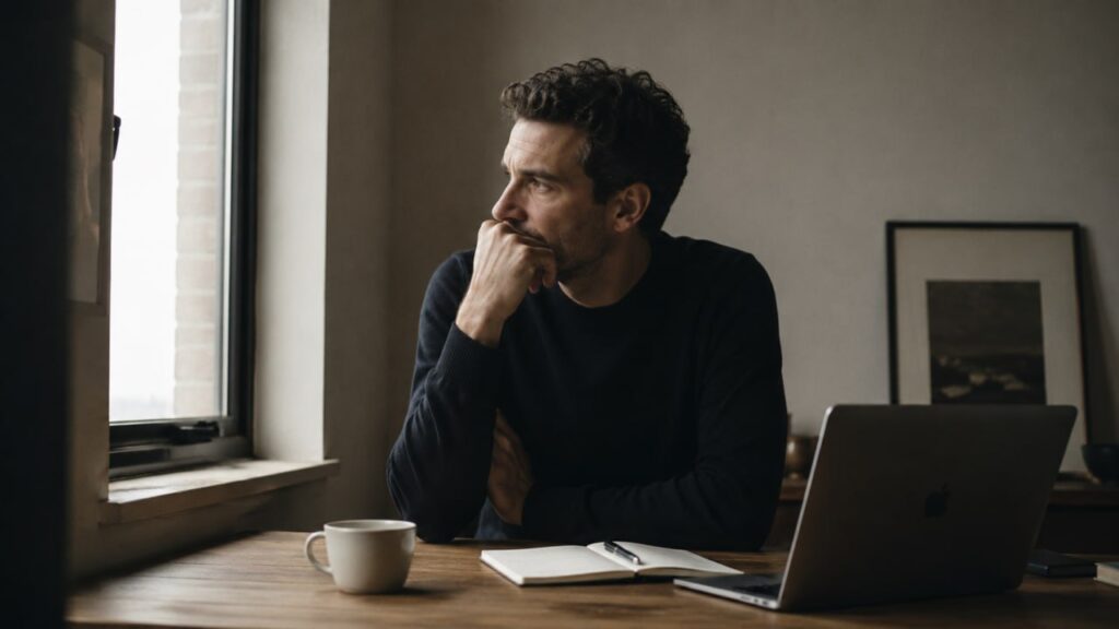 Man sitting thoughtfully at a desk by a window, reflecting